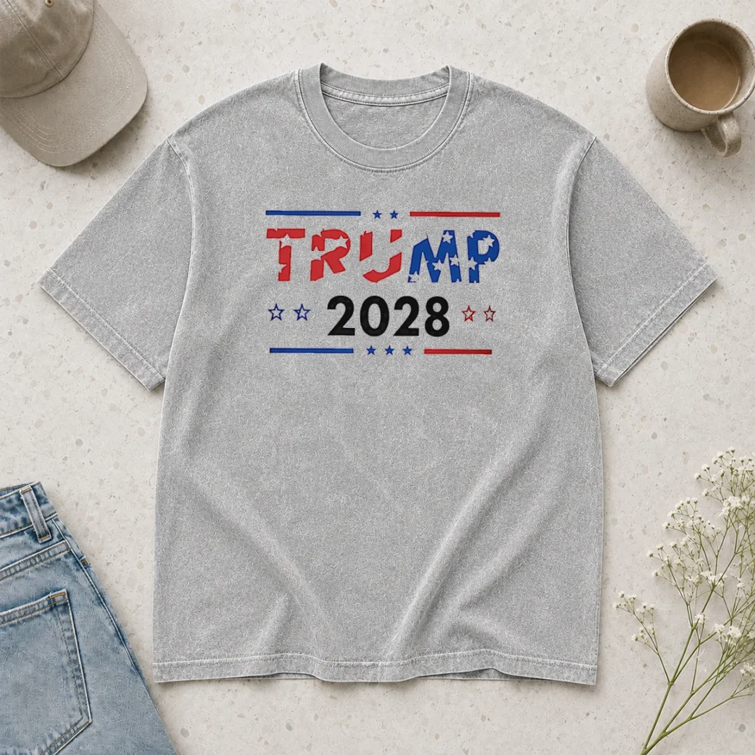 good-happy-trump-2028-patriotic-stars-and-stripes-washed-t-shirt Good Happy Trump 2028 Patriotic Stars And Stripes Washed T Shirt featuring vintage faded stars and stripes design
