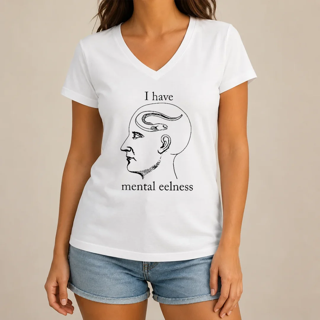 good-i-have-mental-eelness-eel-funny-pun-humor-v-neck-shirt Good I Have Mental Eelness Eel Funny Pun Humor V Neck Shirt in charcoal gray with witty eel graphic and text