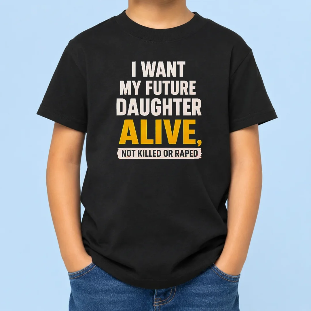 good-i-want-my-future-daughter-alive-not-killed-or-raped-kids-t-shirt-2 Good I Want My Future Daughter Alive Not Killed Or Raped kids t shirt in white, front view with bold black text design