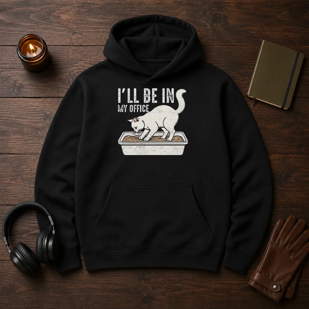good-i-will-be-in-my-office-funny-cat-meme-litter-box-hoodie Good I Will Be In My Office Funny Cat Meme Litter Box Hoodie in charcoal gray, front view with kangaroo pocket and adjustable hood