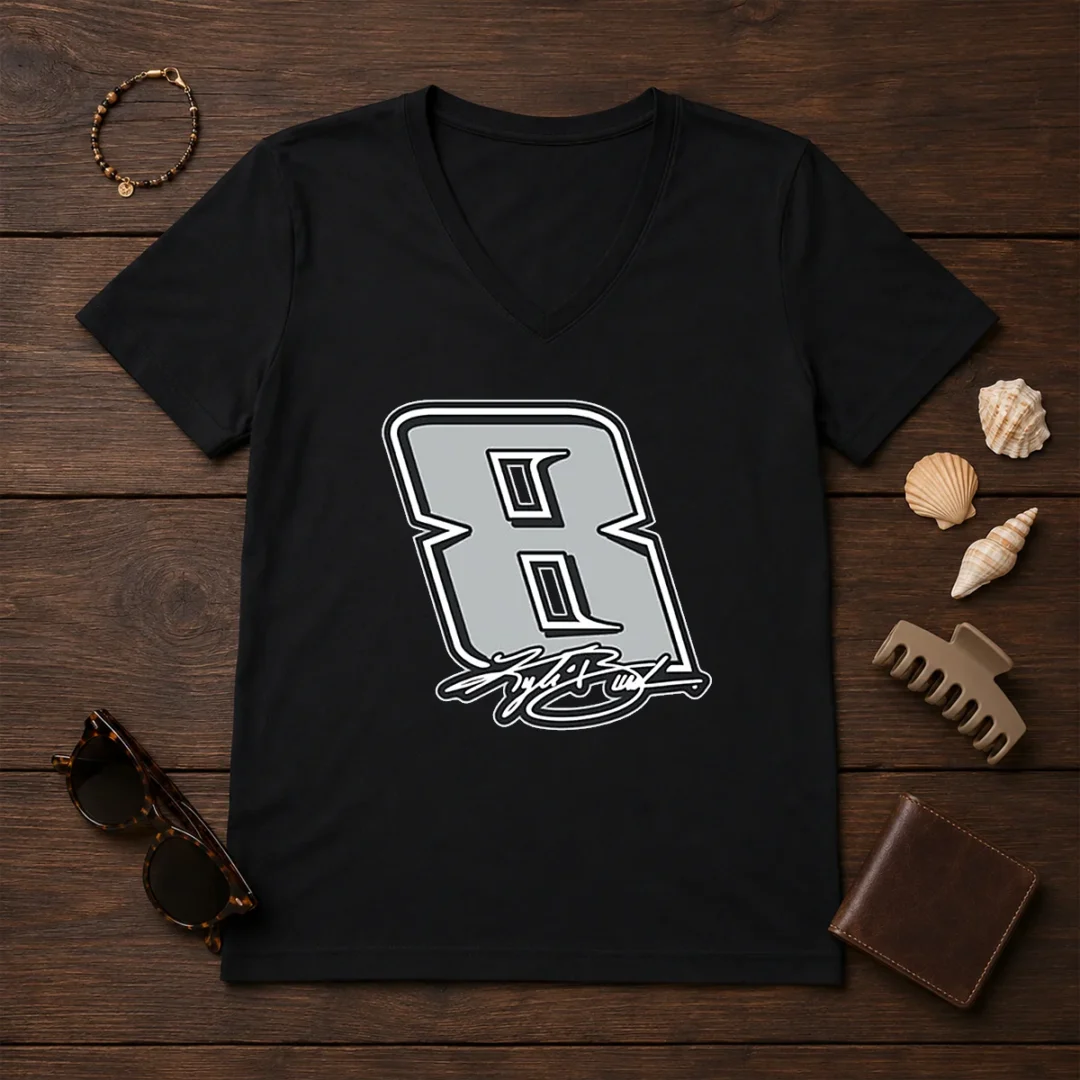 good-kyle-busch-black-no-8-signature-v-neck-shirt Good Kyle Busch Black No 8 Signature V Neck Shirt showing front design on a black v neck tee