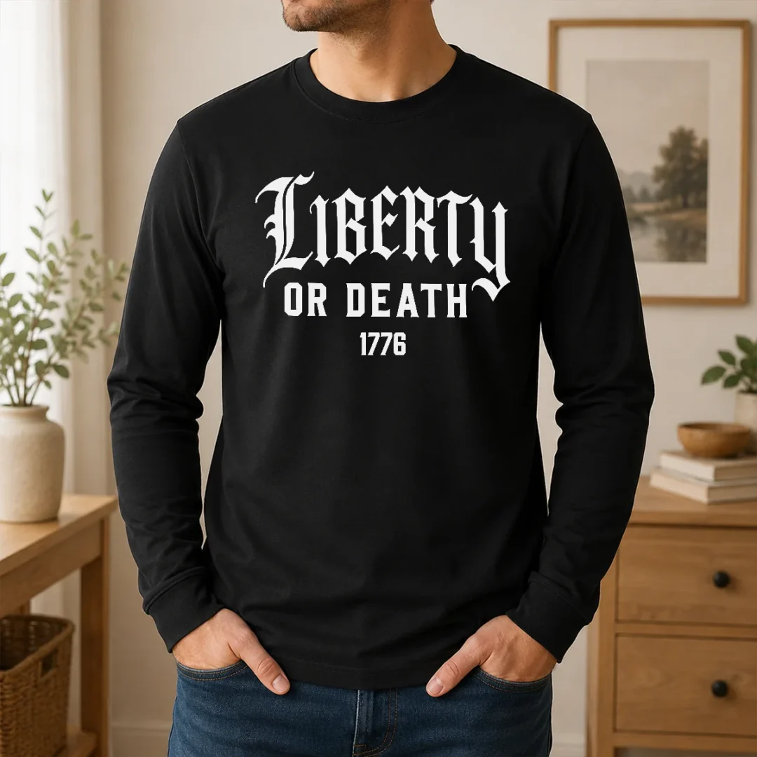 Good Liberty Or Death 1776 Patriotic Quote Long Sleeve Shirt Good Liberty Or Death 1776 Patriotic Quote long sleeve shirt in navy blue with vintage style text on chest