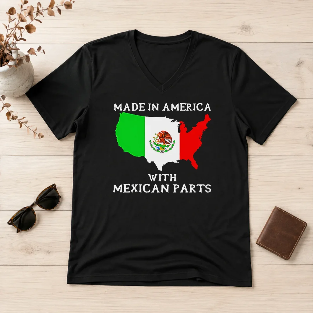 good-made-in-america-with-mexican-parts-map-of-united-states-and-mexico-flag-v-neck-shirt Good Made In America With Mexican Parts Map Of United States And Mexico Flag V Neck Shirt in heather gray cotton fabric