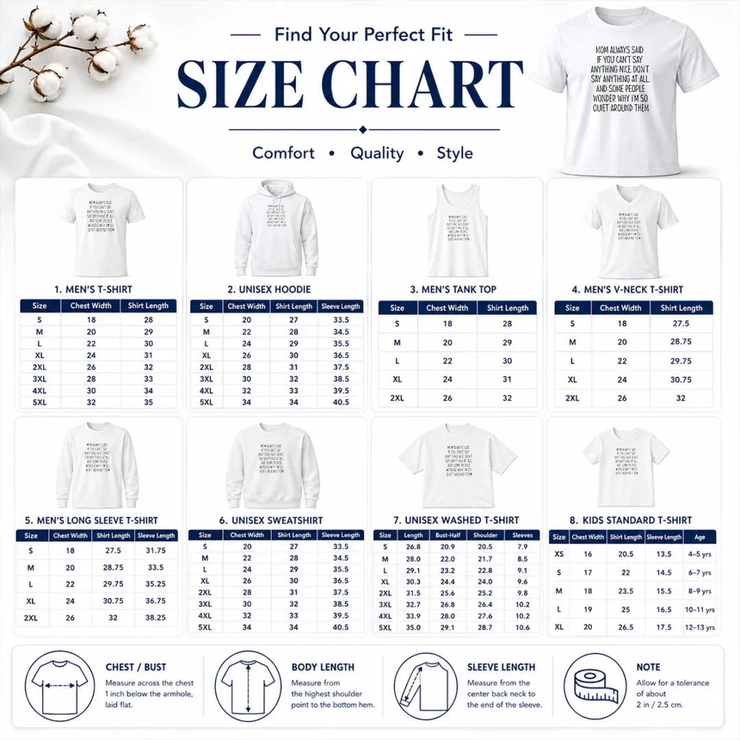 Good Mom Always Said If You Can't Say Anything Nice Don't Say Anything At All Quote Size Chart Size chart for Good Mom Always Said If You Can't Say Anything Nice Don't Say Anything At All Quote with measurements in inches and cm