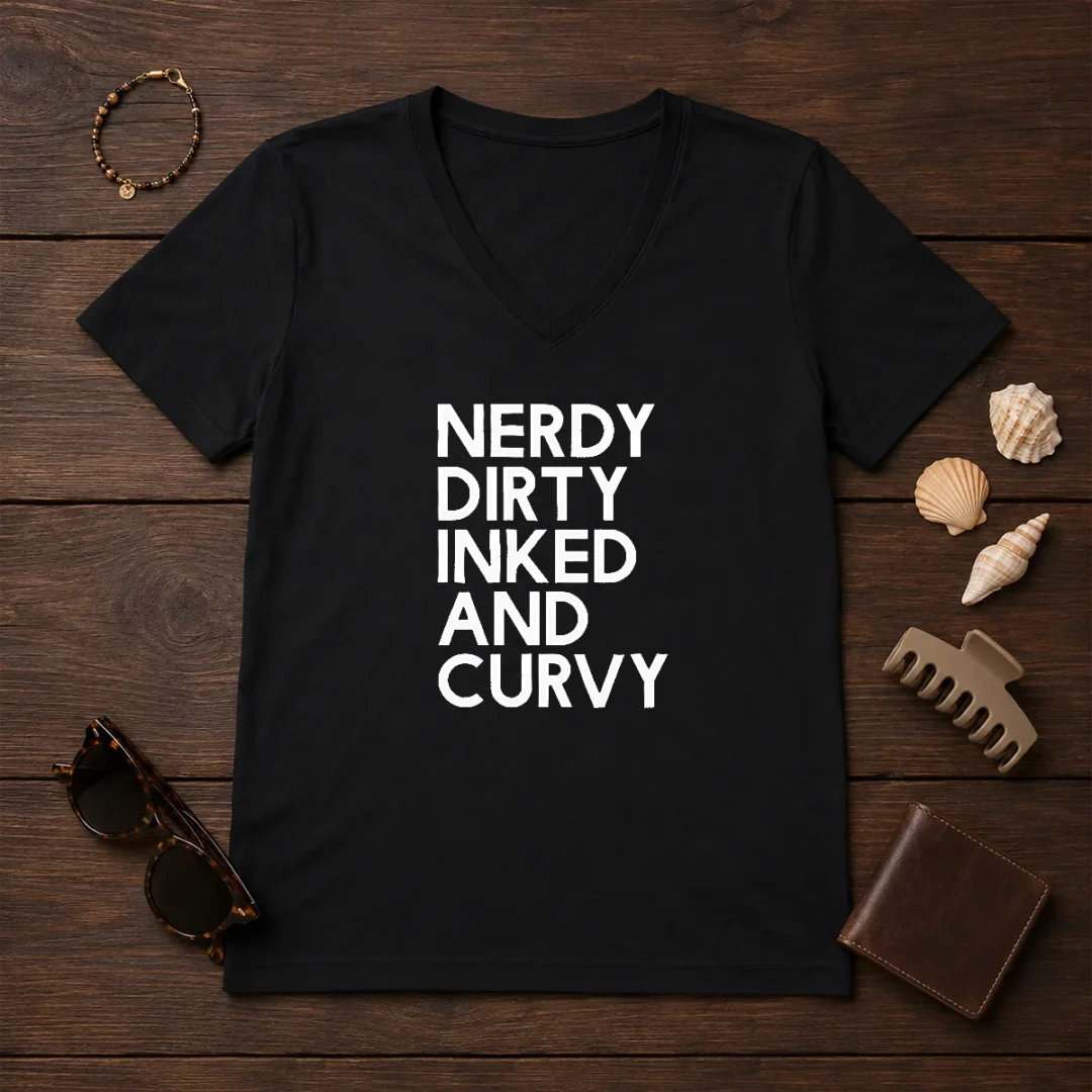 good-nerdy-dirty-inked-and-curvy-v-neck-shirt Good Nerdy Dirty Inked And Curvy V-Neck Shirt