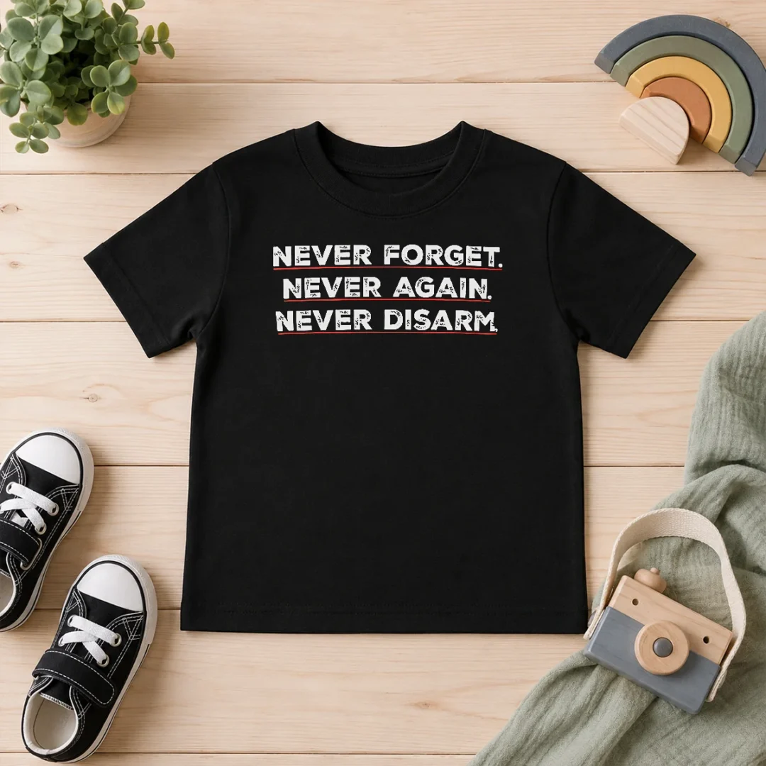 good-never-forget-never-again-never-disarm-kids-t-shirt Good Never Forget Never Again Never Disarm Kids T Shirt in vibrant print on a comfortable short-sleeve cotton tee