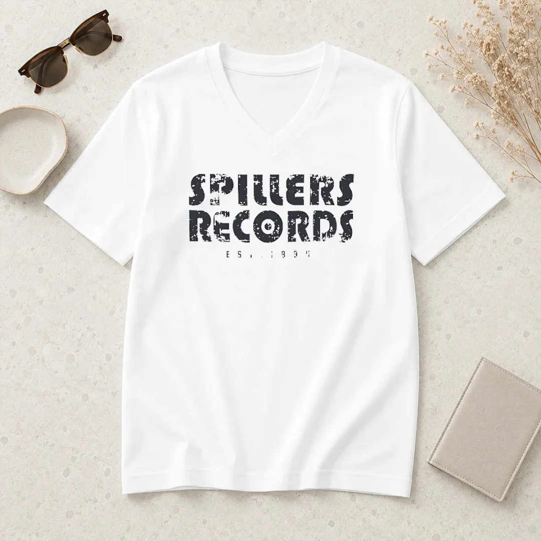 good-nice-spillers-records-est-1894-v-neck-shirt Good Nice Spillers Records Est 1894 V Neck Shirt in soft fabric with classic fit and short sleeves