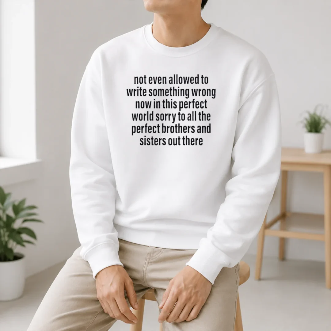 Good Not Even Allowed To Write Something Wrong Now In This Perfect World Sorry Sweater Good Not Even Allowed To Write Something Wrong Now In This Perfect World Sorry sweater in charcoal gray with bold white text on front