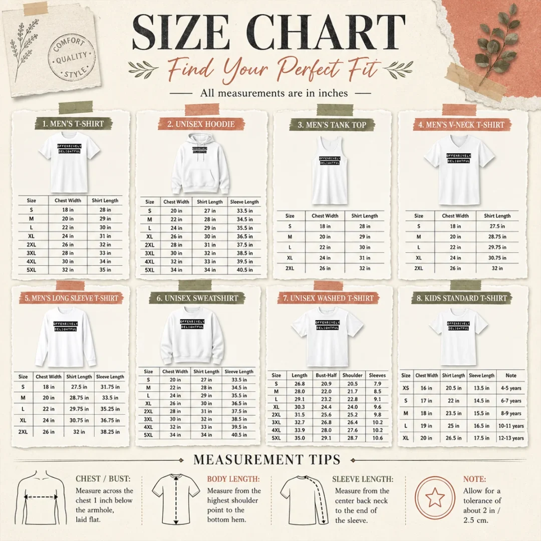 good-offensively-delightful-size-chart Size chart for Good Offensively Delightful with measurements in inches and centimeters