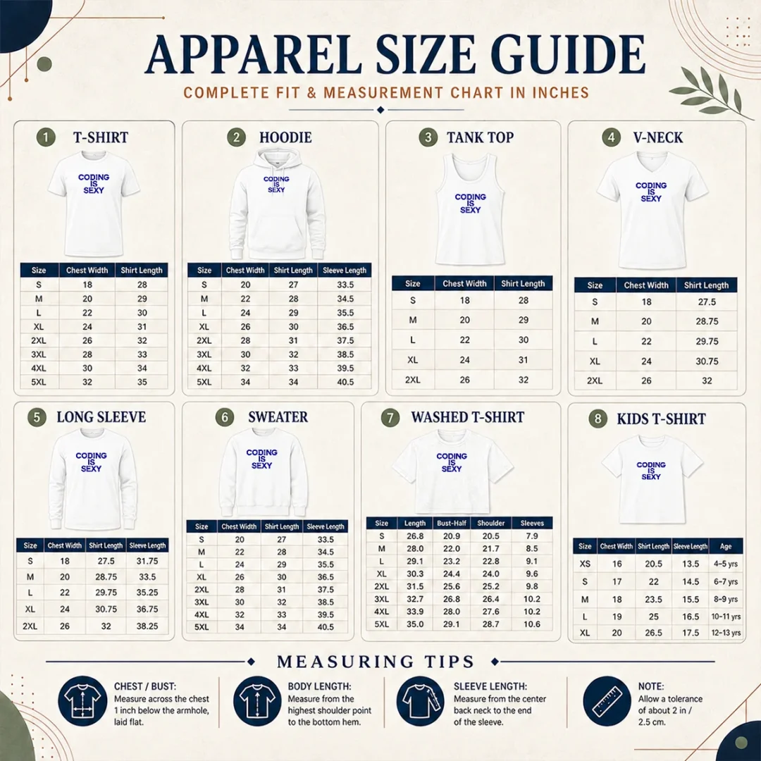 Good Original Coding Is Sexy Text Size Chart Size chart for Good Original Coding Is Sexy Text with measurements in inches and cm