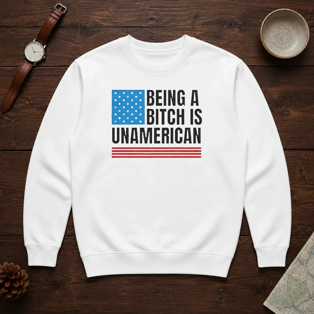 good-patriotic-apparel-be-kind-being-a-bitch-is-unamerican-sweater Good Patriotic Apparel Be Kind Being A Bitch Is Unamerican Sweater in navy blue, crewneck style with bold white text