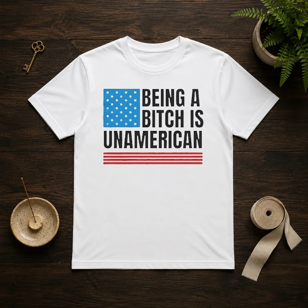 good-patriotic-apparel-be-kind-being-a-bitch-is-unamerican-t-shirt Good Patriotic Apparel Be Kind Being A Bitch Is Unamerican graphic t shirt in black, front view