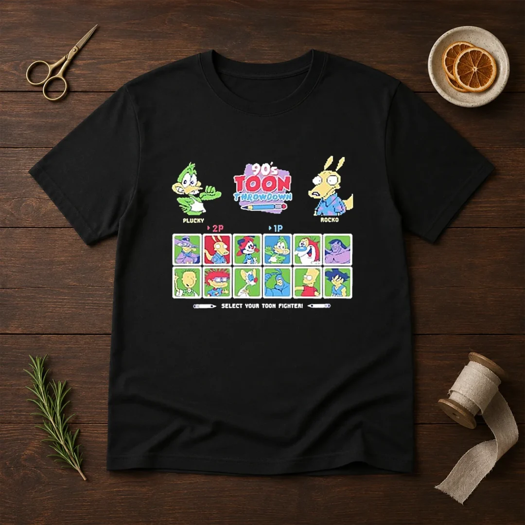 good-plucky-rocko-darkwing-duck-ren-stimpy-doug-tommy-pickles-pinky-the-tick-bart-goku-90s-toon-throwdown-1 Size chart for Good Plucky Rocko Darkwing Duck Ren Stimpy Doug Tommy Pickles Pinky The Tick Bart Goku 90s Toon Throwdown with measurements in inches and cm