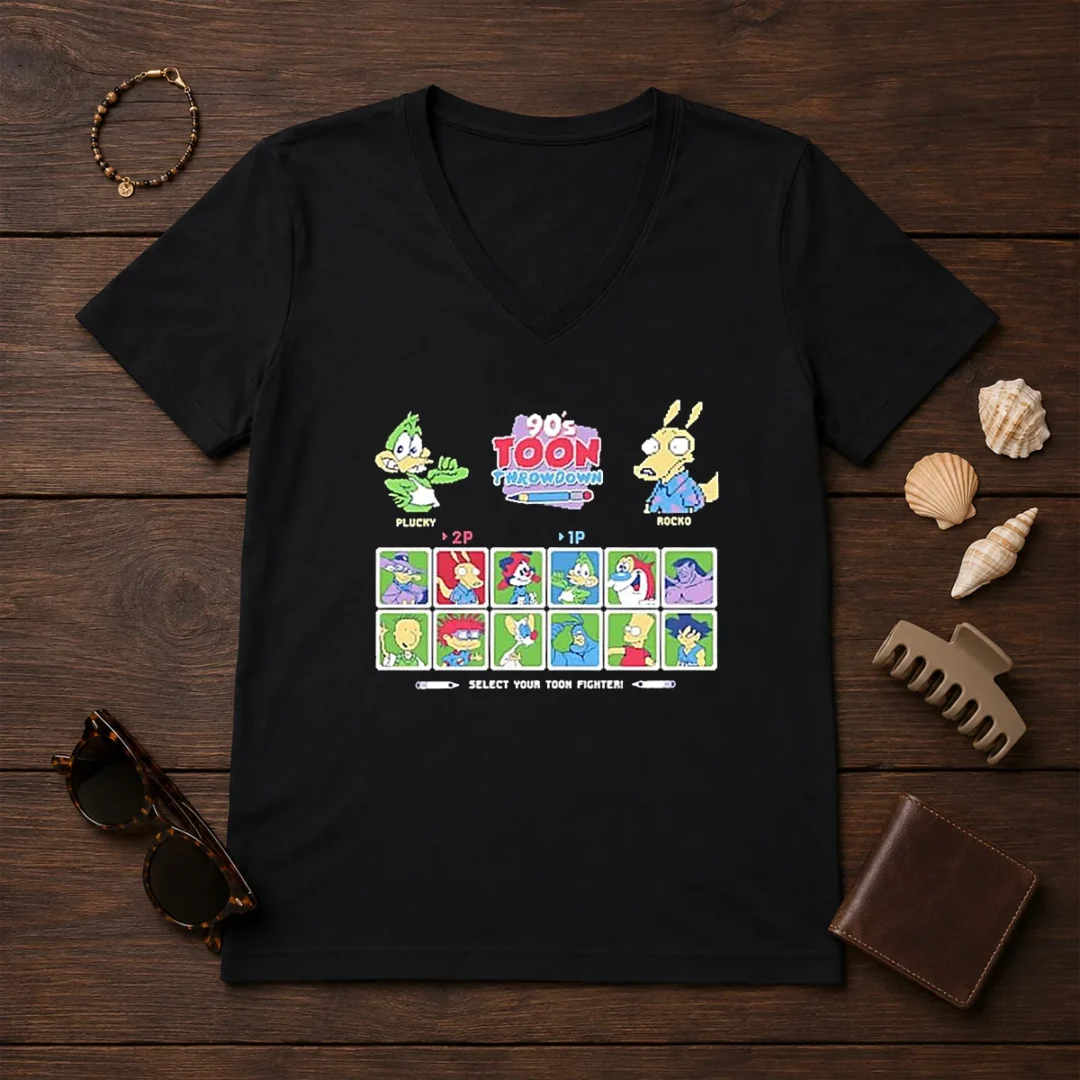 good-plucky-rocko-darkwing-duck-ren-stimpy-doug-tommy-pickles-pinky-the-tick-bart-goku-90s-toon-throwdown-2 Good Plucky Rocko Darkwing Duck Ren Stimpy Doug Tommy Pickles Pinky The Tick Bart Goku 90s Toon Throwdown Select Your Toon Fighter V Neck shirt in dark color