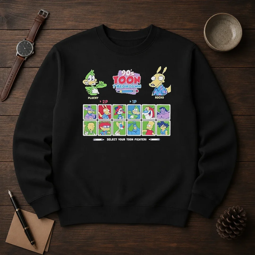 good-plucky-rocko-darkwing-duck-ren-stimpy-doug-tommy-pickles-pinky-the-tick-bart-goku-90s-toon-throwdown-7 Good Plucky Rocko Darkwing Duck Ren Stimpy Doug Tommy Pickles Pinky The Tick Bart Goku 90s Toon Throwdown Select Your Toon Fighter Sweater