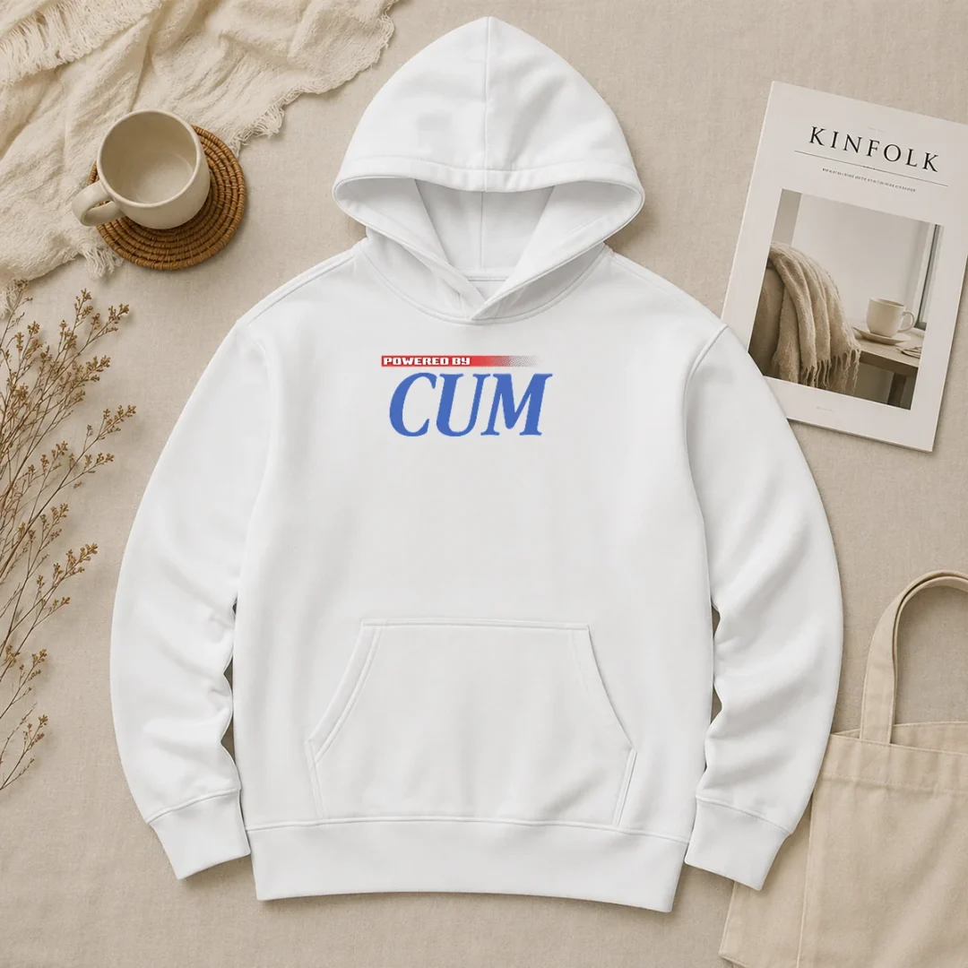 Good Powered By Cum Hoodie Good Powered By Cum Hoodie in black with front graphic print and adjustable drawstring hood