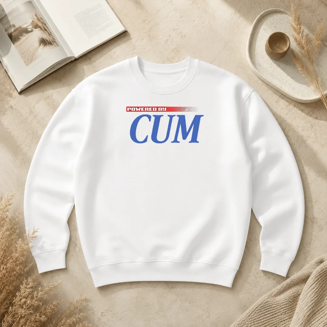 Good Powered By Cum Sweater Good Powered By Cum Sweater in dark color showing front design and ribbed cuffs