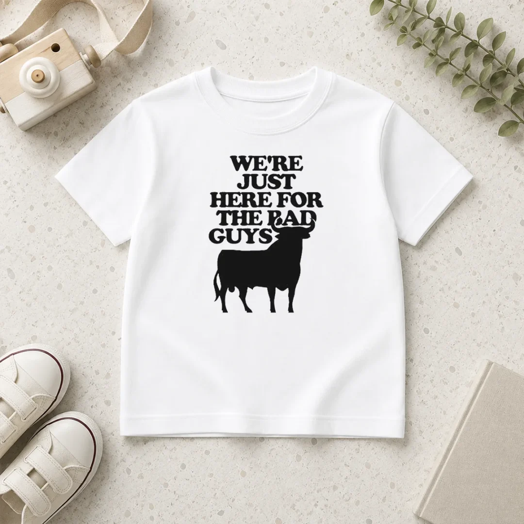 good-premium-bull-we-are-just-here-for-the-bad-guys-kids-t-shirt Good Premium Bull We Are Just Here For The Bad Guys Kids T Shirt in blue, short-sleeve cotton tee for children