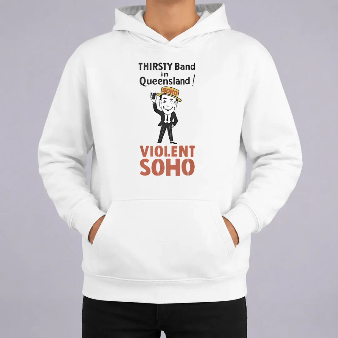Good Pretty Violent Soho Mr Soho Thirsty Band Queensland Hoodie Good Pretty Violent Soho Mr Soho Thirsty Band Queensland Hoodie in charcoal gray, front view with kangaroo pocket and drawstring hood