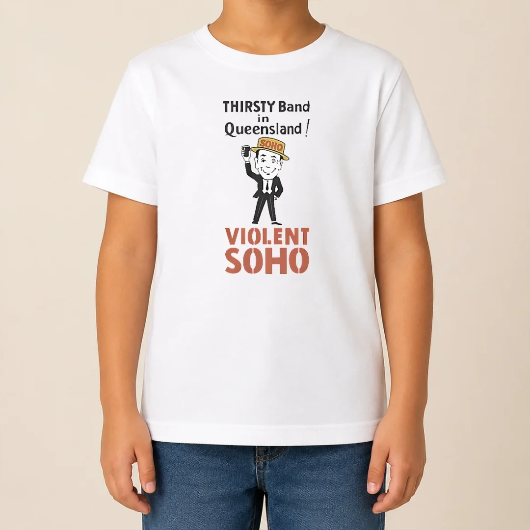 Good Pretty Violent Soho Mr Soho Thirsty Band Queensland Kids T Shirt Good Pretty Violent Soho Mr Soho Thirsty Band Queensland kids t shirt in bright colors, featuring bold graphic print