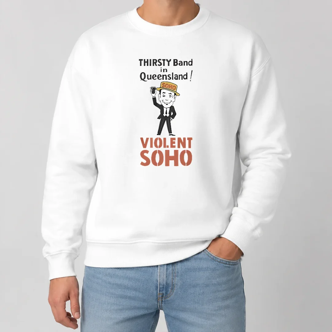 Good Pretty Violent Soho Mr Soho Thirsty Band Queensland Sweater Good Pretty Violent Soho Mr Soho Thirsty Band Queensland Sweater in a classic crewneck style with bold graphic print