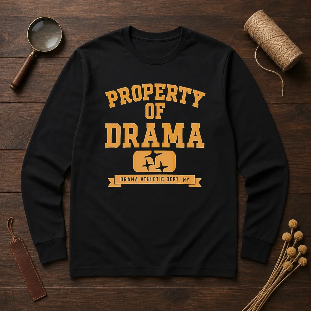 good-property-of-drama-athletic-dept-ny-long-sleeve-shirt Good Property Of Drama Athletic Dept NY Long Sleeve Shirt in white with bold athletic lettering
