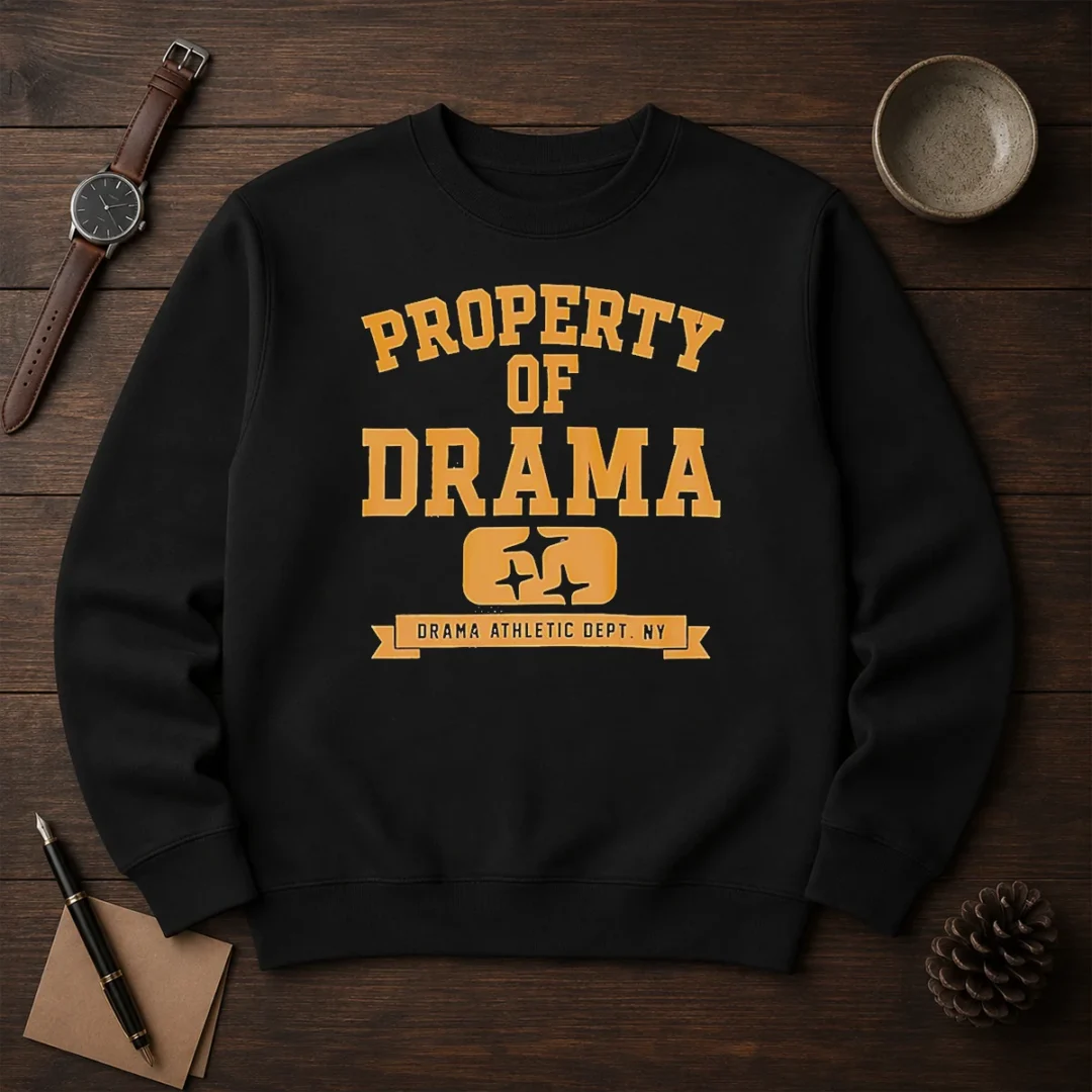 good-property-of-drama-athletic-dept-ny-sweater Good Property Of Drama Athletic Dept NY Sweater in dark gray with white and red lettering, long sleeve crewneck sweatshirt