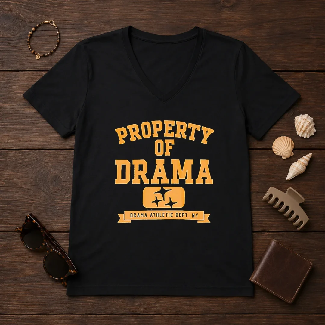 good-property-of-drama-athletic-dept-ny-v-neck-shirt Good Property Of Drama Athletic Dept NY V Neck Shirt in white, featuring a classic athletic department graphic print