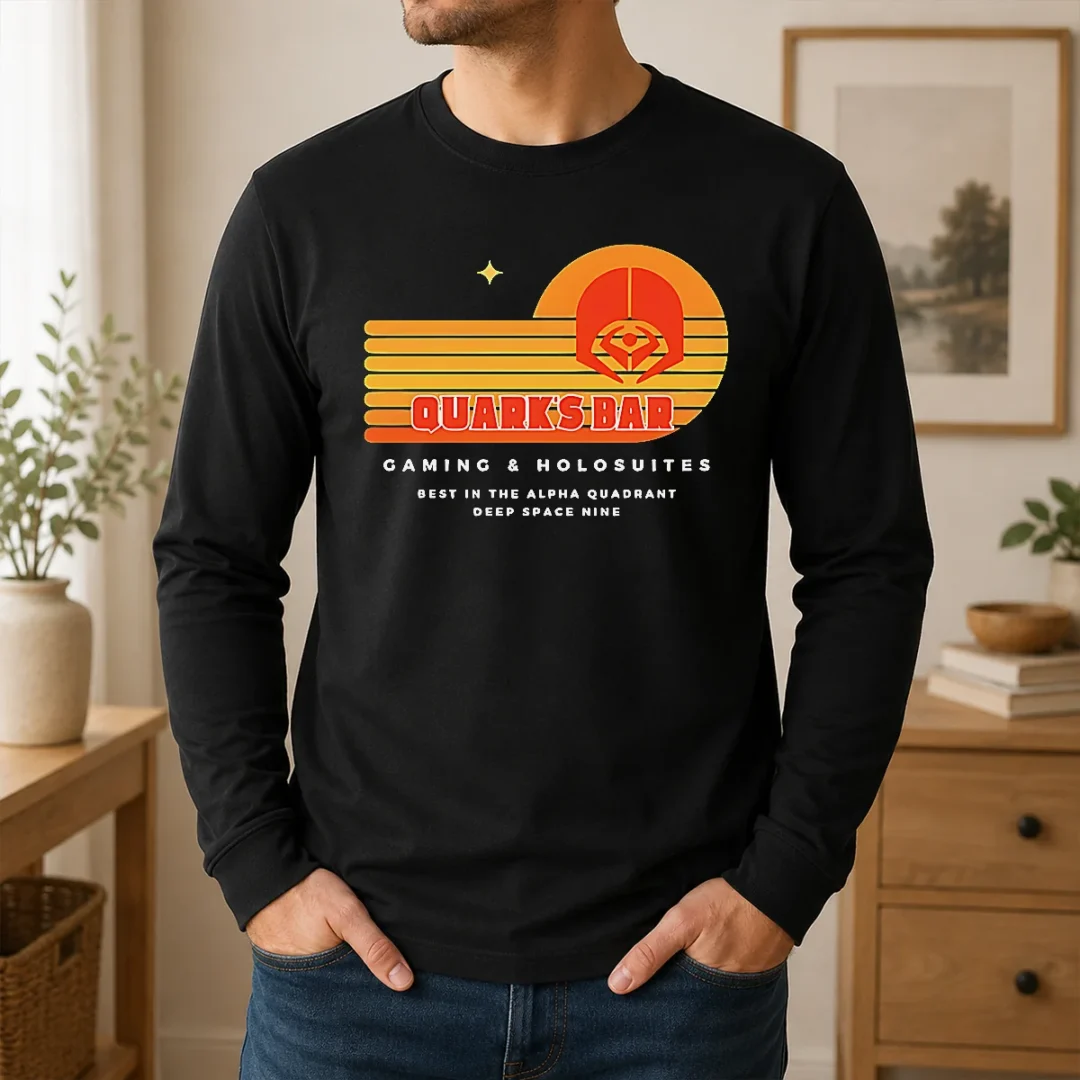 Good Quark'S Bar Gaming & Holosuites Deep Space Nine Retro Long Sleeve Shirt Good Quark'S Bar Gaming & Holosuites Deep Space Nine Retro Long Sleeve Shirt