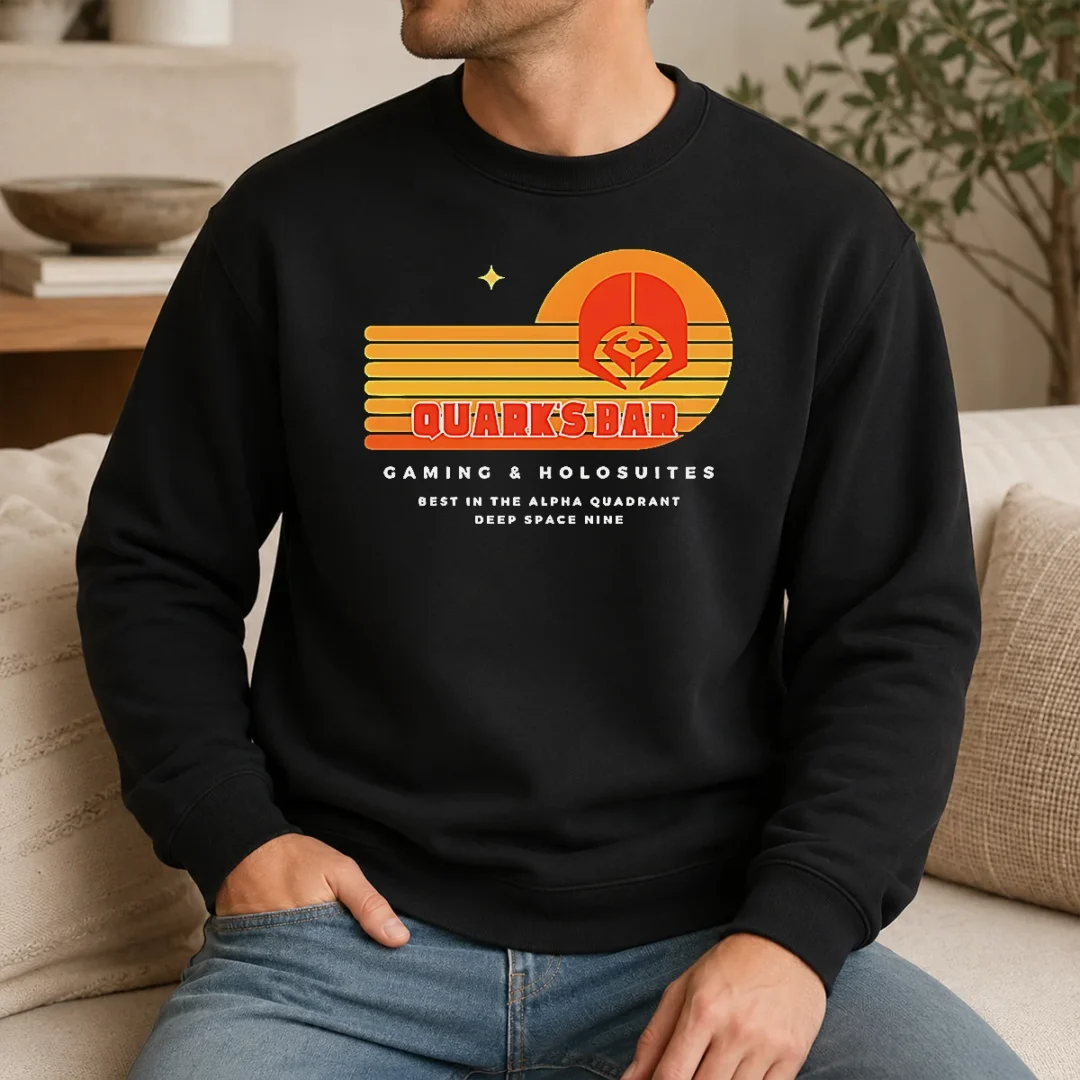 Good Quark'S Bar Gaming & Holosuites Deep Space Nine Retro Sweater Good Quark'S Bar Gaming & Holosuites Deep Space Nine Retro Sweater in classic crewneck style with vibrant retro design