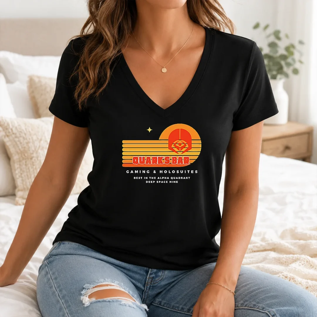 Good Quark'S Bar Gaming & Holosuites Deep Space Nine Retro V Neck Shirt Good Quark'S Bar Gaming & Holosuites Deep Space Nine Retro V-Neck Shirt
