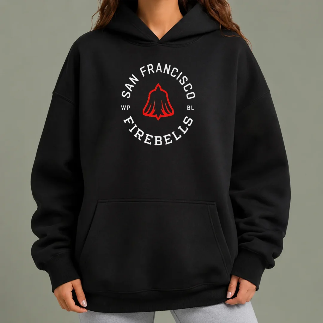 good-san-francisco-firebells-wp-bl-badge-hoodie Good San Francisco Firebells WP BL Badge Hoodie in black with front badge logo, cozy long sleeves and adjustable hood