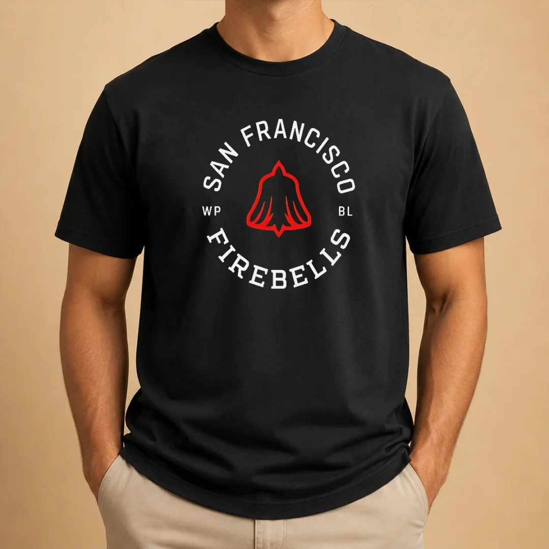 good-san-francisco-firebells-wp-bl-badge-t-shirt Good San Francisco Firebells WP BL Badge t shirt in navy blue with badge graphic on chest