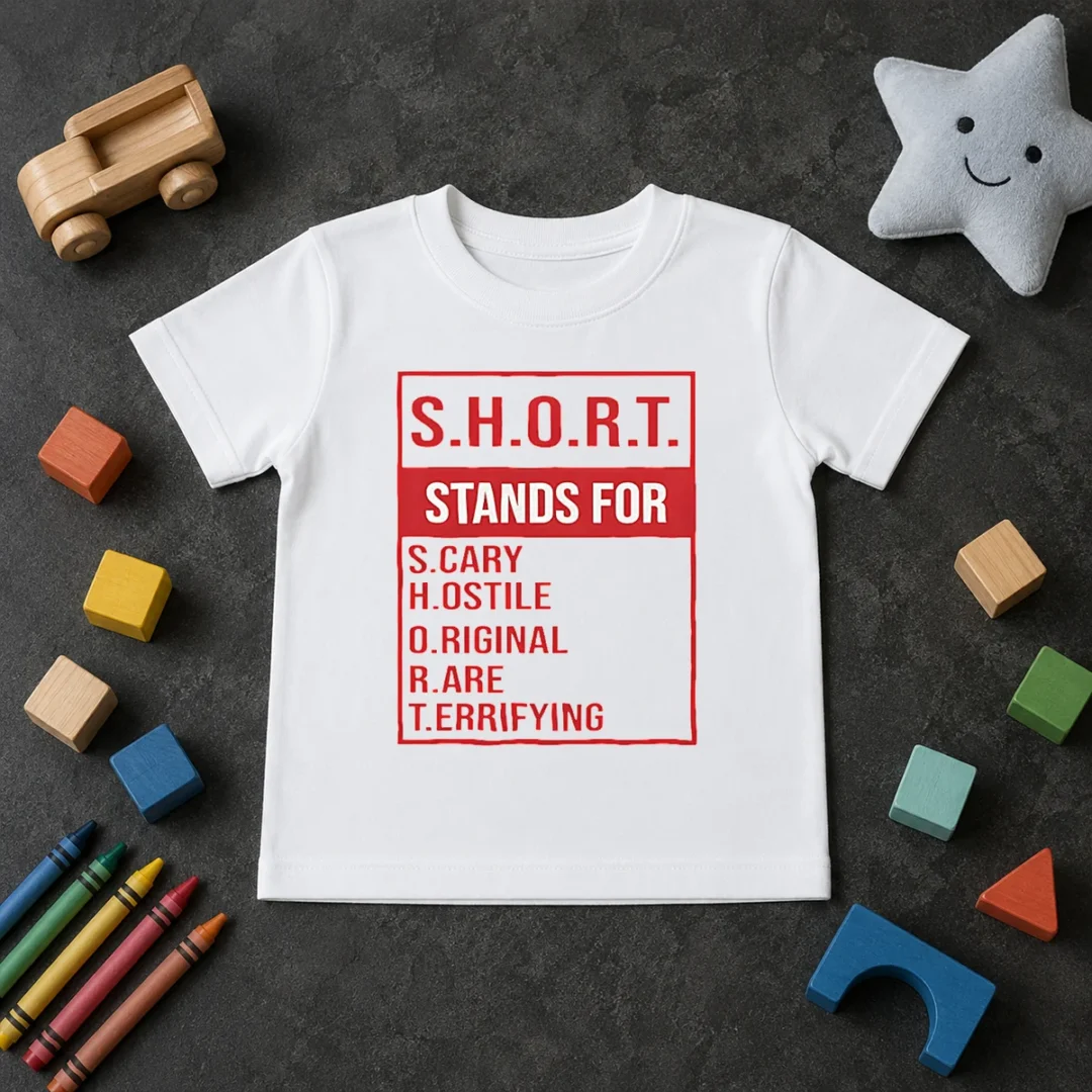 Good Short Stands For Scary Hostile Original Rare Terrifying Kids T Shirt Good Short Stands For Scary Hostile Original Rare Terrifying Kids T Shirt in bright colors, displayed on a child-sized garment