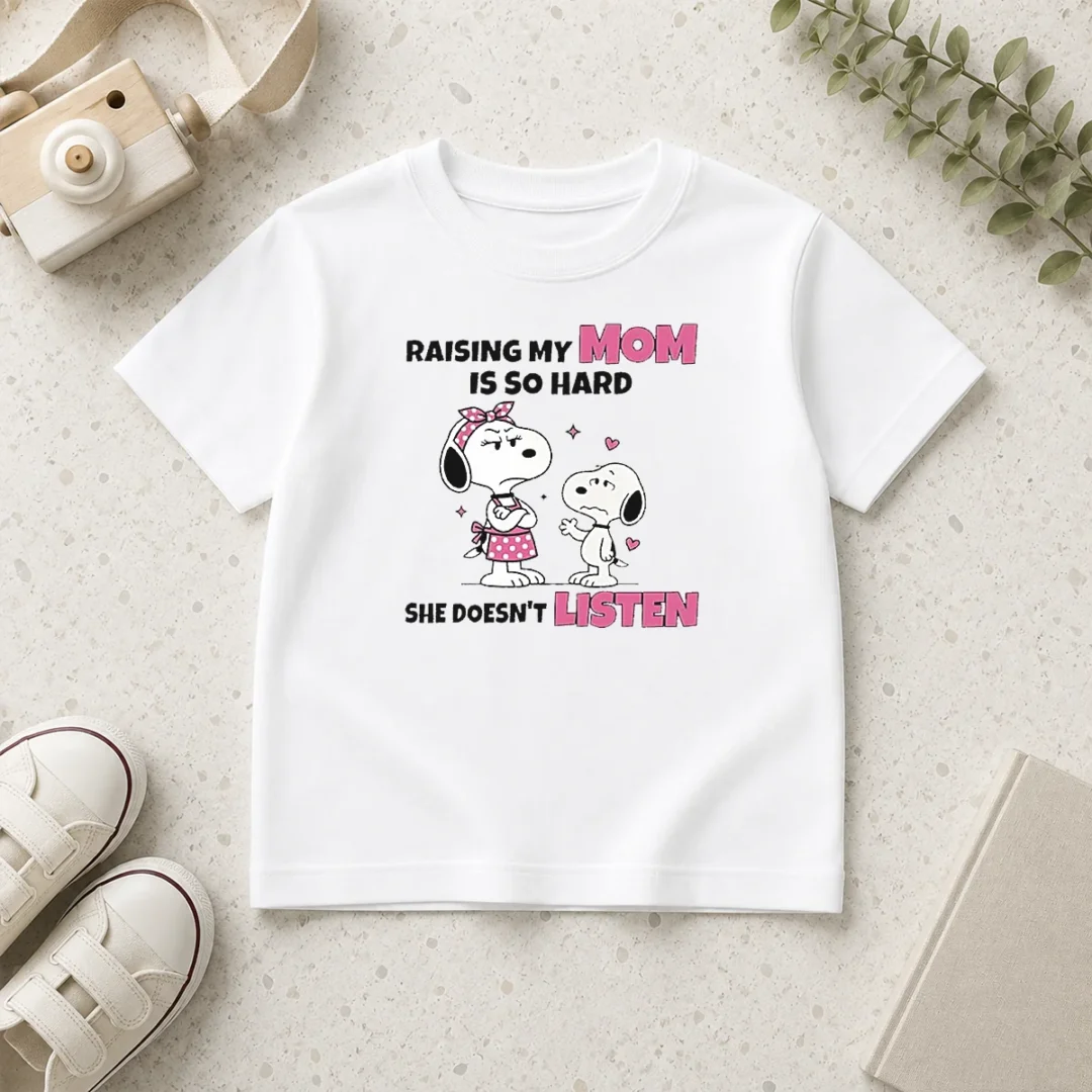 good-snoopy-and-belle-funny-raising-my-mom-is-so-hard-she-doesnt-listen-kids-t-shirt Good Snoopy And Belle Funny Raising My Mom Is So Hard She Doesnt Listen kids t shirt with colorful cartoon print
