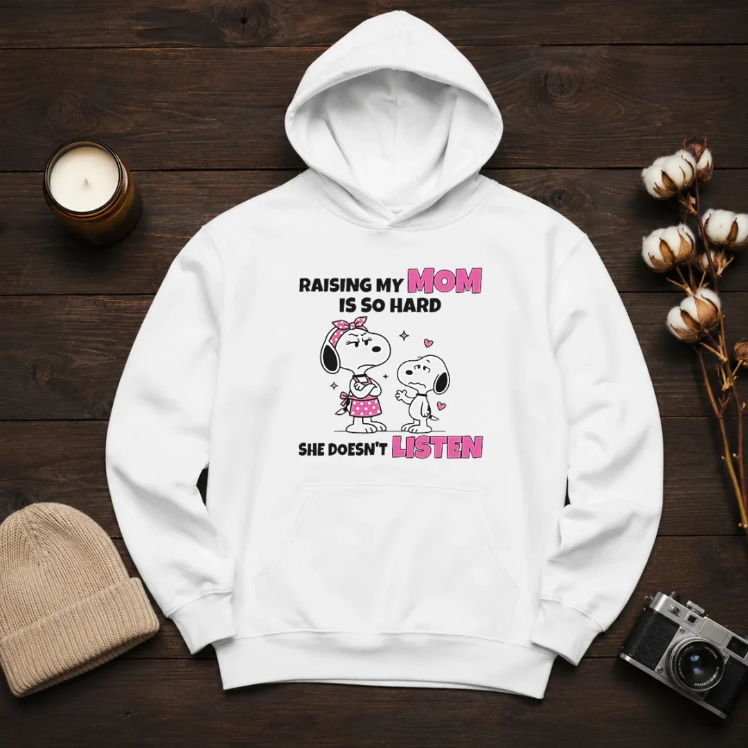 good-snoopy-belle-peanuts-raising-my-mom-is-so-hard-she-doesn-t-listen-hoodie Good Snoopy Belle Peanuts Raising My Mom Is So Hard She Doesn'T Listen Hoodie in black, front view with printed graphic