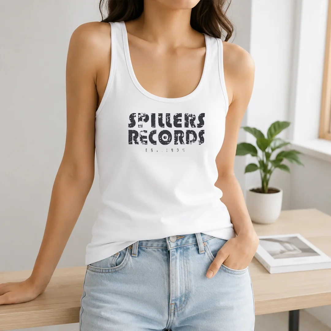 Good Spillers Records Est 1894 Tank Top Good Spillers Records Est 1894 Tank Top in black cotton fabric with bold white vintage logo print