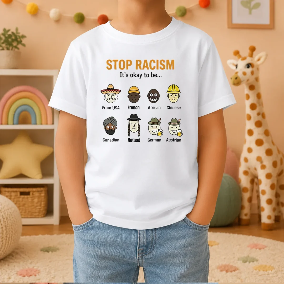 good-stop-racism-it-s-okay-to-be-from-usa-french-african-chinese-canadian-nomad-german-austrian-kids-t-shirt Good Stop Racism It'S Okay To Be From USA French African Chinese Canadian Nomad German Austrian kids t shirt in white, front view