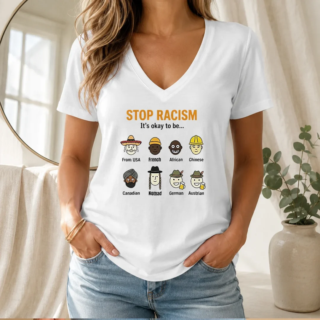 good-stop-racism-it-s-okay-to-be-from-usa-french-african-chinese-canadian-nomad-german-austrian-v-neck-shirt Good Stop Racism It'S Okay To Be From USA French African Chinese Canadian Nomad German Austrian V Neck Shirt in black, front view
