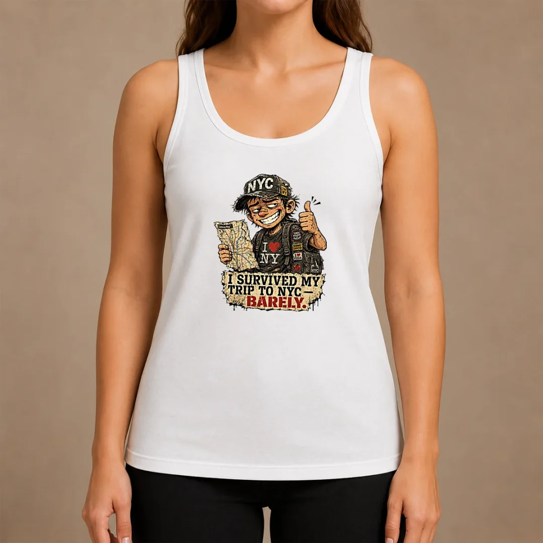 Good Survived NYC Trip Funny Grunge Streetwear Tank Top Good Survived NYC Trip Funny Grunge Streetwear Tank Top in black, sleeveless casual wear with bold graphic text