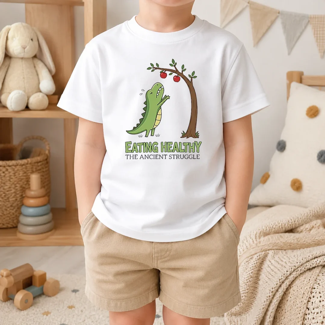 Good T Rex Eating Healthy The Ancient Struggle Kids T Shirt Good T Rex Eating Healthy The Ancient Struggle Kids T Shirt featuring a playful dinosaur graphic on soft cotton fabric