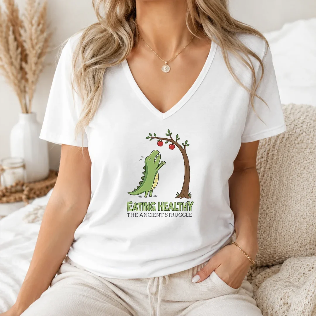 Good T Rex Eating Healthy The Ancient Struggle V Neck Shirt Good T Rex Eating Healthy The Ancient Struggle V-Neck Shirt