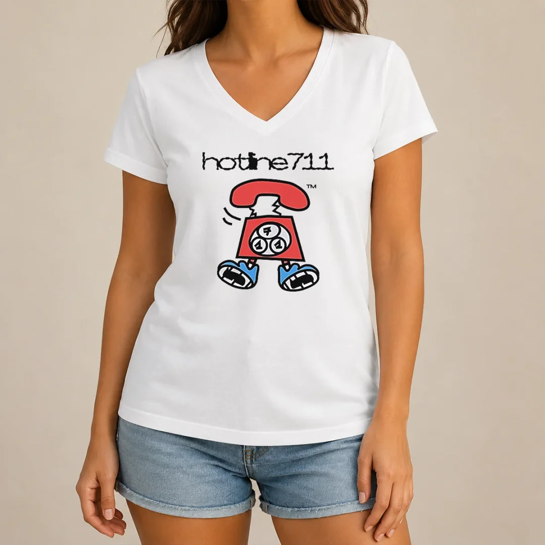 good-telephone-cartoon-hotline711-v-neck-shirt Good Telephone Cartoon Hotline711 Shirt - Image 2