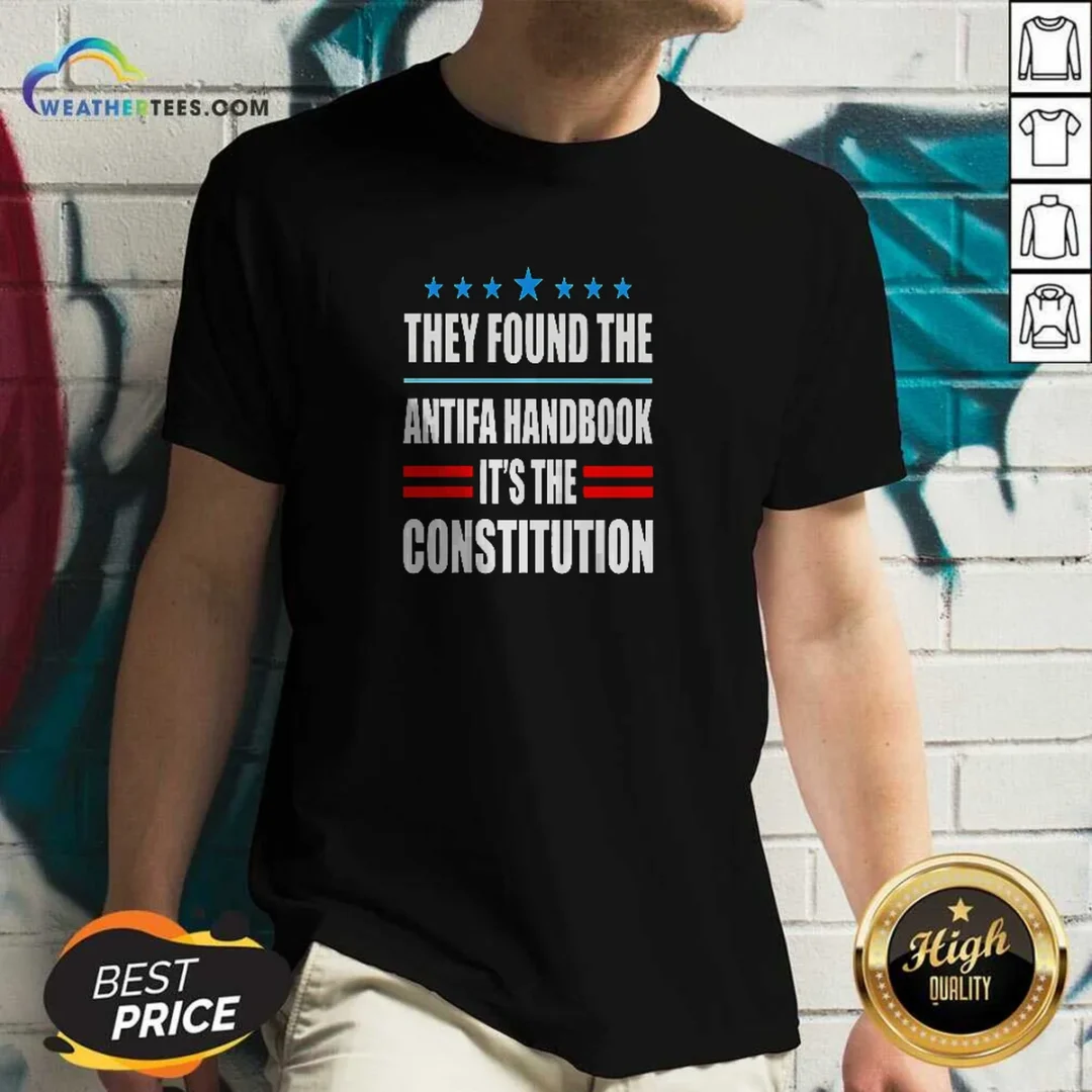 good-they-found-the-antifa-handbook-it-s-the-constitution-bold-statement-text-v-neck-shirt Good They Found The Antifa Handbook It'S The Constitution Bold Statement Text V Neck Shirt in black on a women's v neck tee