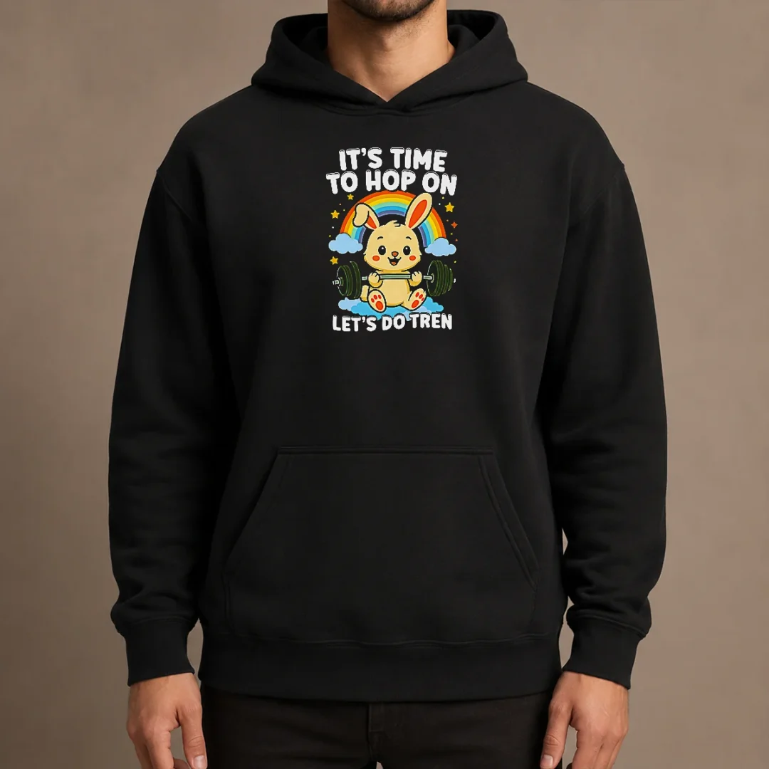 good-time-to-hop-on-hoodie Good Time To Hop On Hoodie in dark gray with front kangaroo pocket and adjustable drawstring hood
