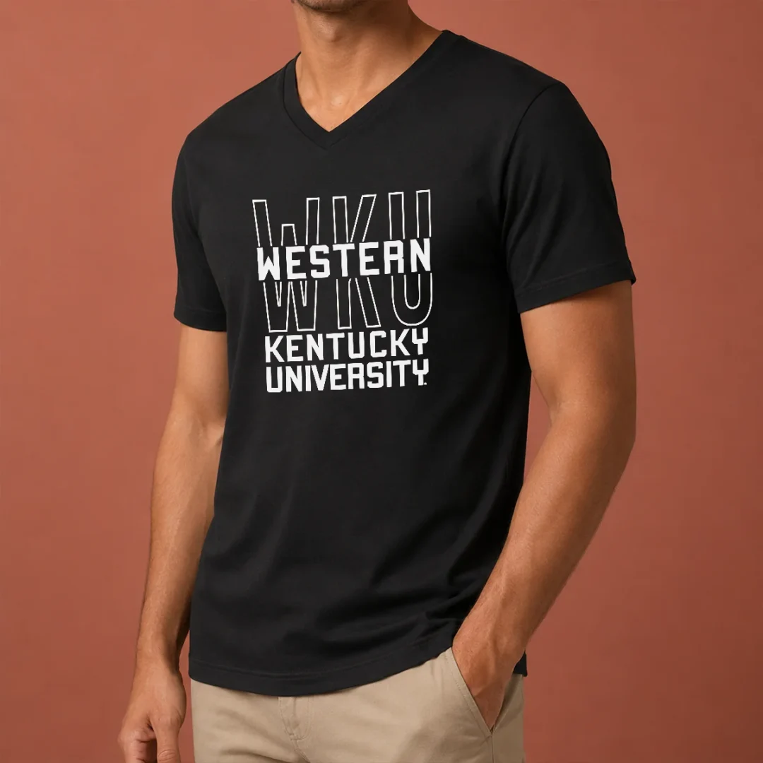 good-western-kentucky-university-wku-hilltoppers-name-v-neck-shirt Good Western Kentucky University WKU Hilltoppers Name V Neck Shirt in dark color showing front design and comfortable fit