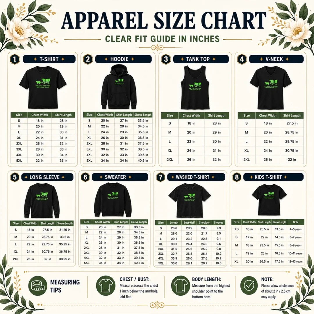 good-you-have-died-size-chart Good You Have Died size chart showing garment measurements in inches and cm for accurate fitting