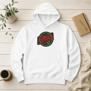 Top Pretty Elbow Room Pub And Deli Neon Sign Hoodie in black with front graphic and adjustable hood