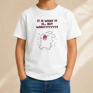 Funny Pretty It Is What It Is But Whhyyyyyy Cute Bunny kids t shirt with playful bunny graphic and whimsical text