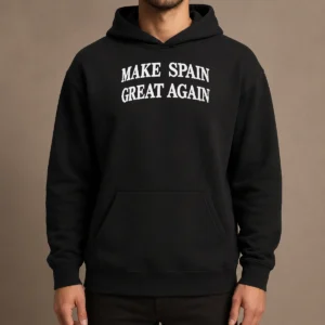 Pretty Funny Make Spain Great Again Cap Hoodie in black, front view with drawstrings and kangaroo pocket